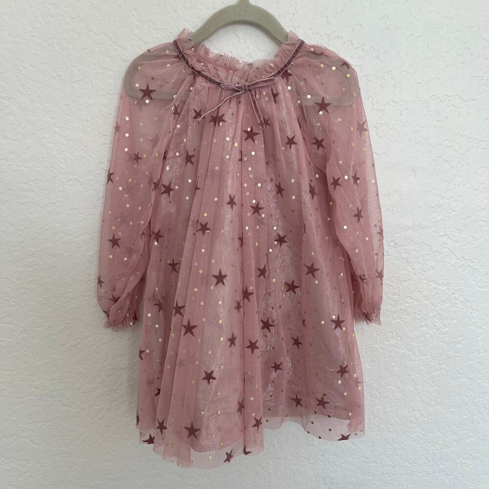 Cat & Jack Girls 3T Pink Tulle Star Dress Gold Foil Long Sleeve Party Holiday